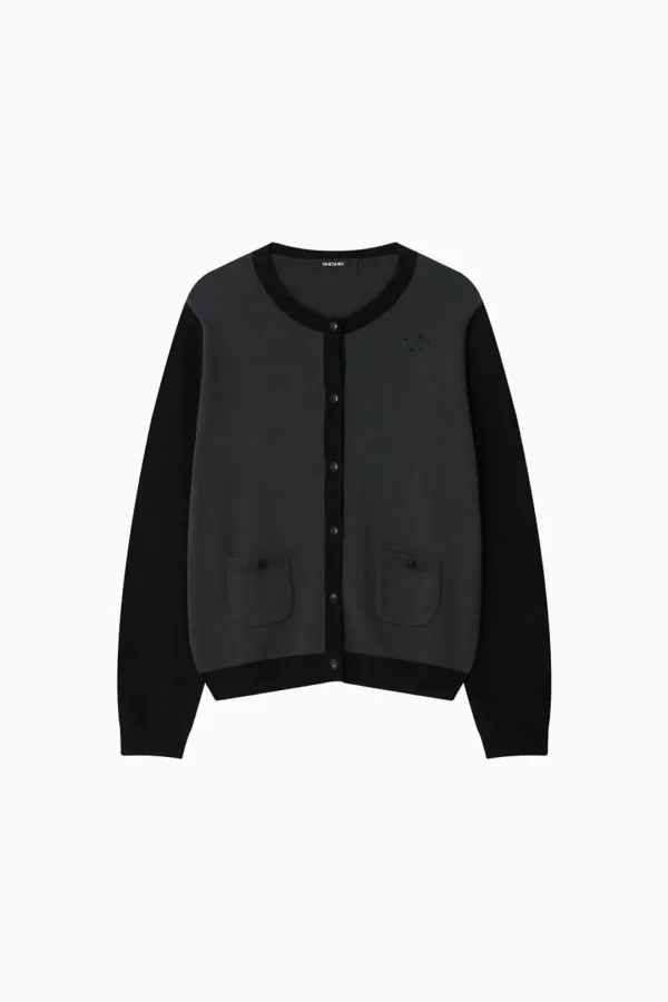 STAR TWO TONE BUTTON CARDIGAN, BLACK