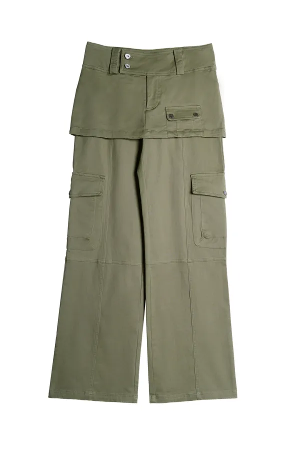 스커트 레이어드 카고 팬츠 - 카키