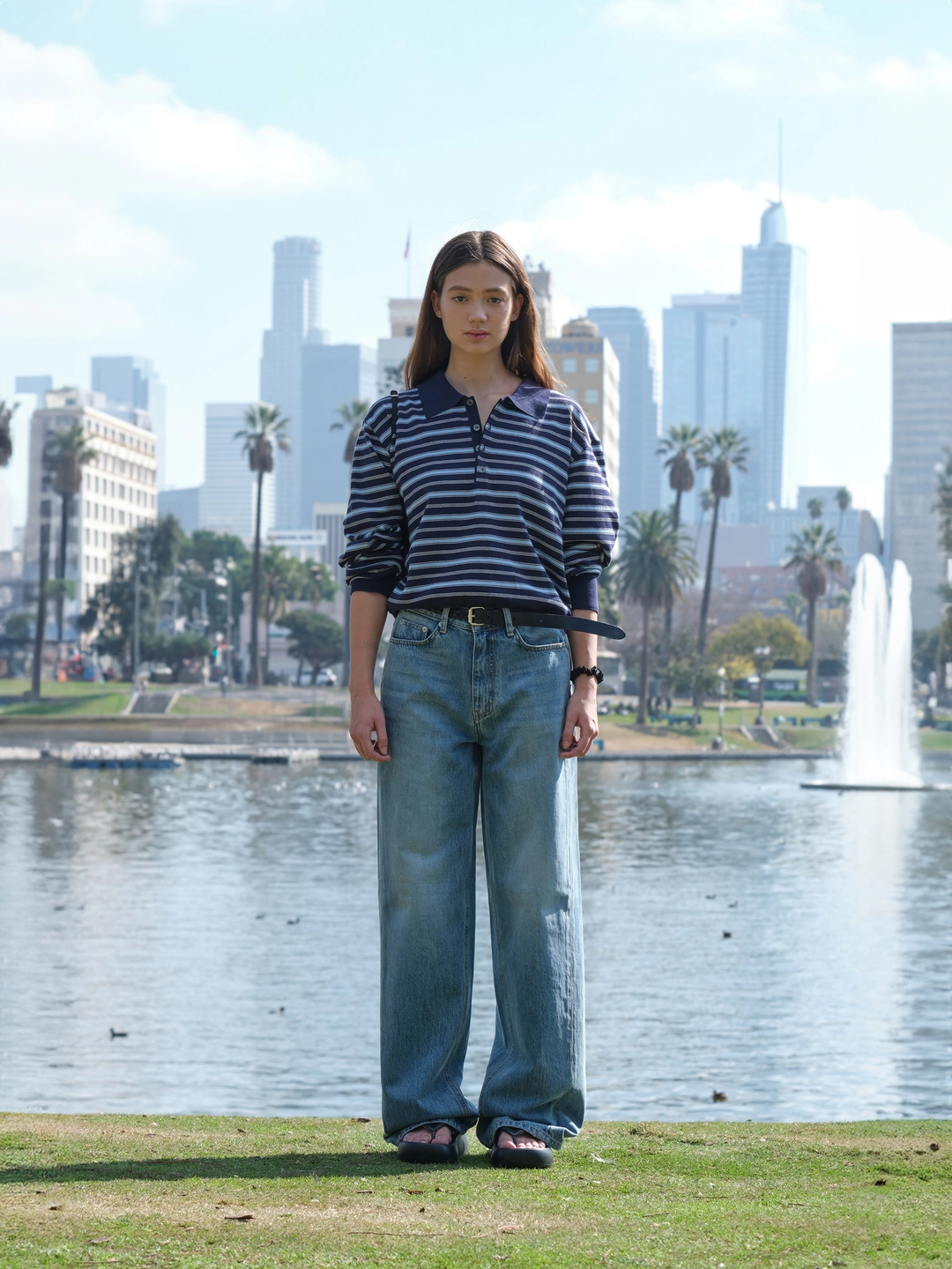 로우클래식 Striped Open Collar Sweater_Navy Stripe 상품 이미지 1