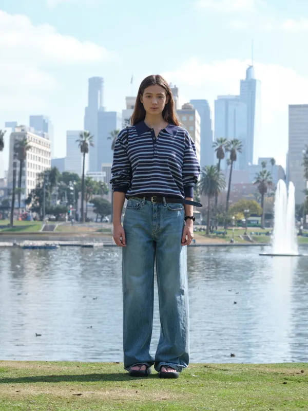 Striped Open Collar Sweater_Navy Stripe