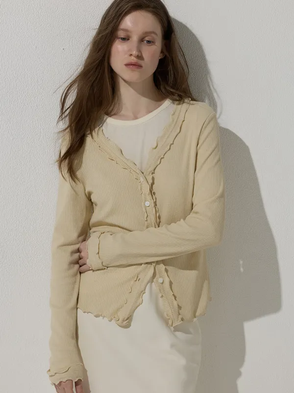 Trimming ribbed cardigan - Beige