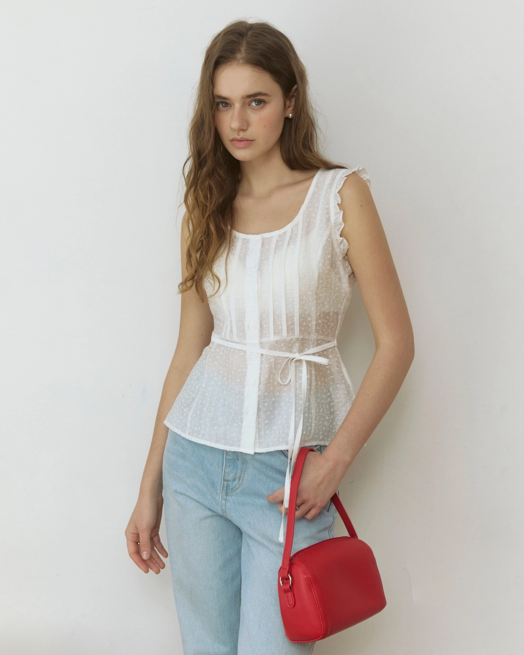어다울 Frill mini flower see through blouse - white 상품 이미지 3
