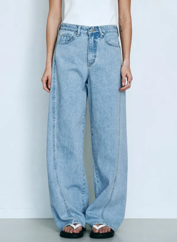[니브] Line Point Vintage Washing Wide Denim Pants (Light Blue)