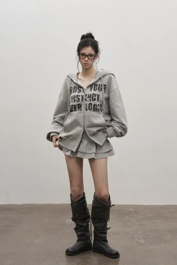 Cracked Graphic Hood Zip-up (gray)
