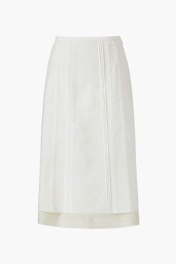 Lace Pintucked Midi Skirt, Ivory