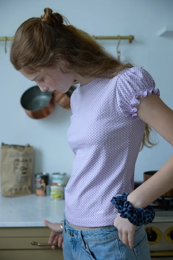 Check puff sleeve blouse_violet