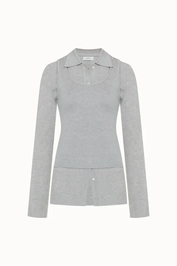 Ribbed Collar Cardigan Set-Up[LMBESPKN272]-Light gray
