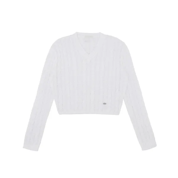 V Neck Cable Knit Top (cloud white)