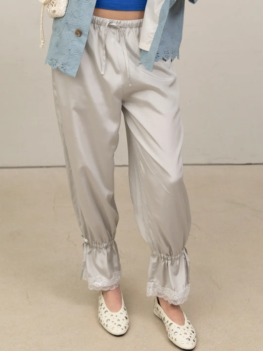 포에브 Lace Drawstring Two-way Pants - Mint Grey 상품 이미지 2