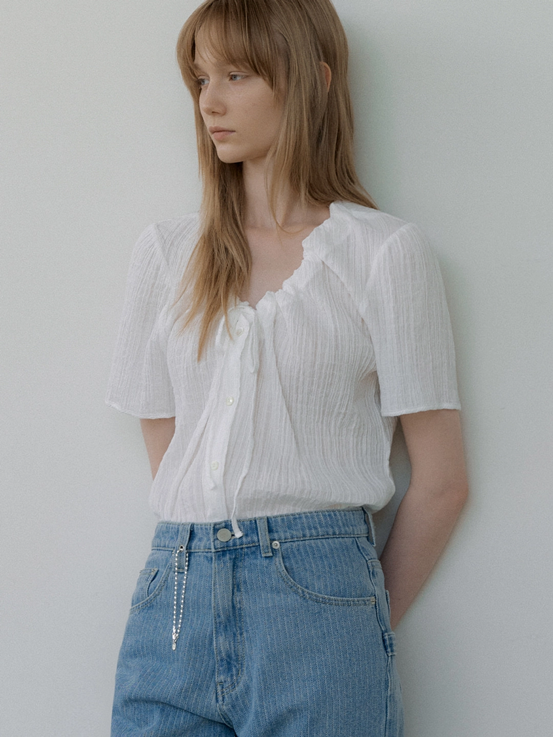 아워코모스 strap ribbon shirring blouse (ivory) orc 6022 상품 이미지 1