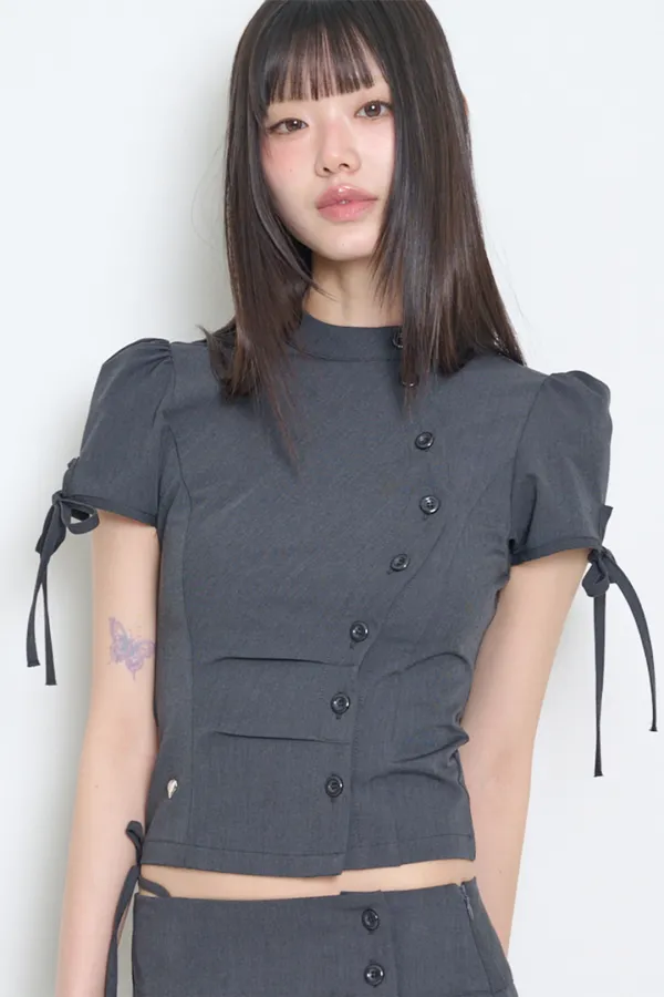 차이나 버튼 카라 탑 차콜