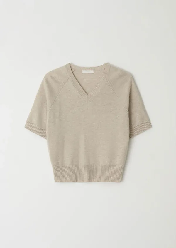 merino wool v-neck half knit top-oatmeal