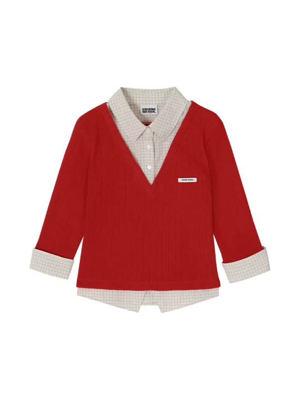 KNIT LAYERED CHECK SHIRT_RED