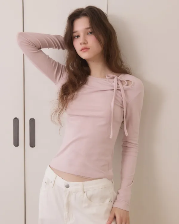 Side ribbon hole slim fit t shirts - 2color