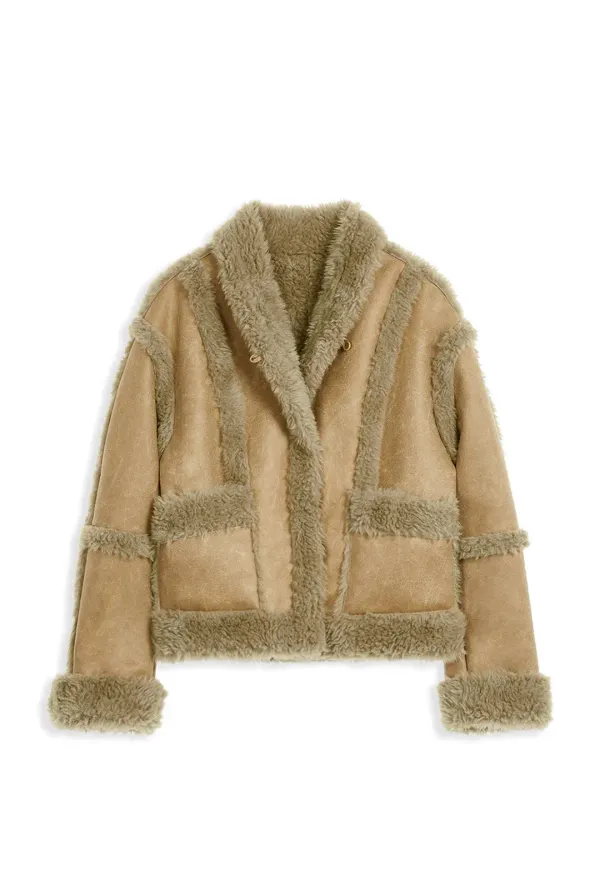 PANELED FAUX-SHEARLING JACKET, CAMEL