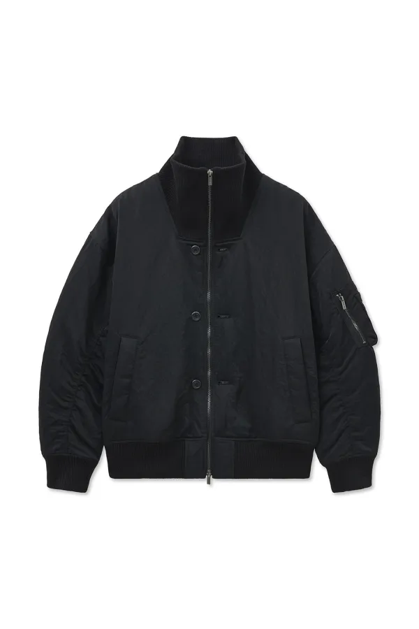 HIGH NECK BUTTON POINT ZIP UP JUMPER IN BLACK