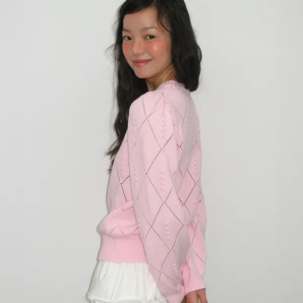 DIAMOND PATTERN LONG SLEEVE KNIT SOFT PINK