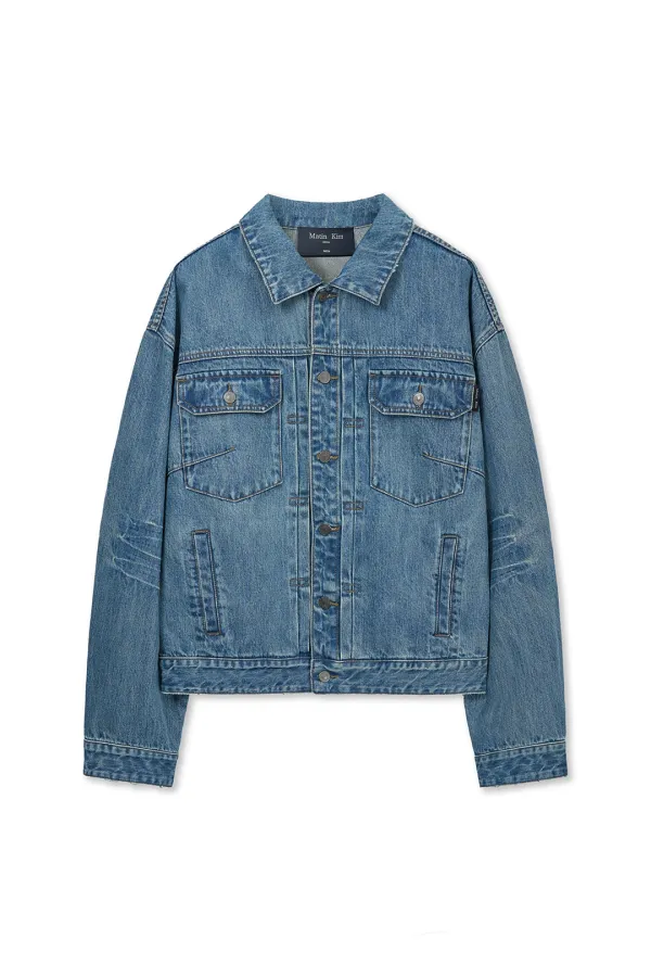 VINTAGE WASHED DENIM TRUCKER FOR MEN IN BLUE