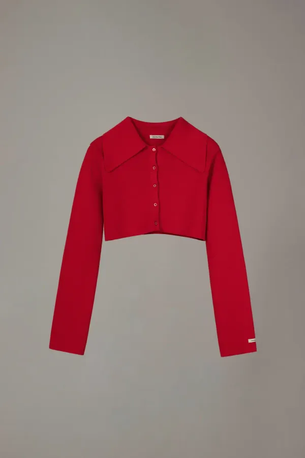 ANGORA COLLAR MICRO CROPPED CARDIGAN_RED
