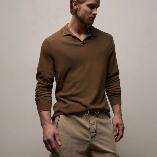 Slub Jersey Long Sleeve Open Polo - Gingerbread Pigment