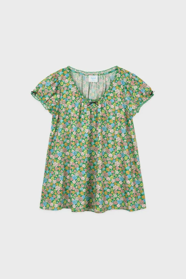 Ribbon Puff Sleeve Pajama Top (Green Mix)