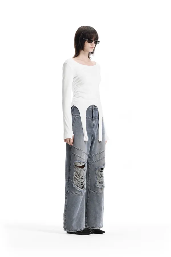 Garter-Hem Long-Sleeve Top [ Ivory ]