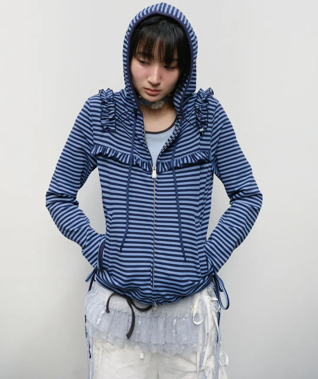 타입서비스 [2차] Ruffled Stripe Zip Hoodie [Blue] 상품 이미지 2