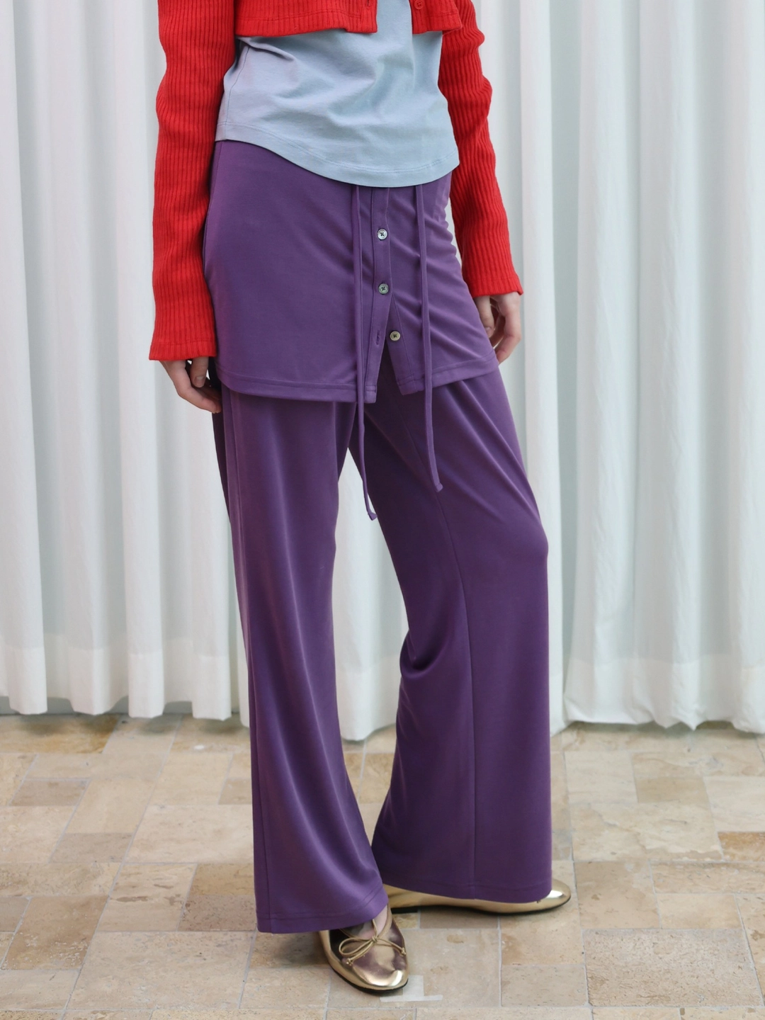 포에브 Relaxed-Fit Layered Skirt Pants - Purple 상품 이미지 2