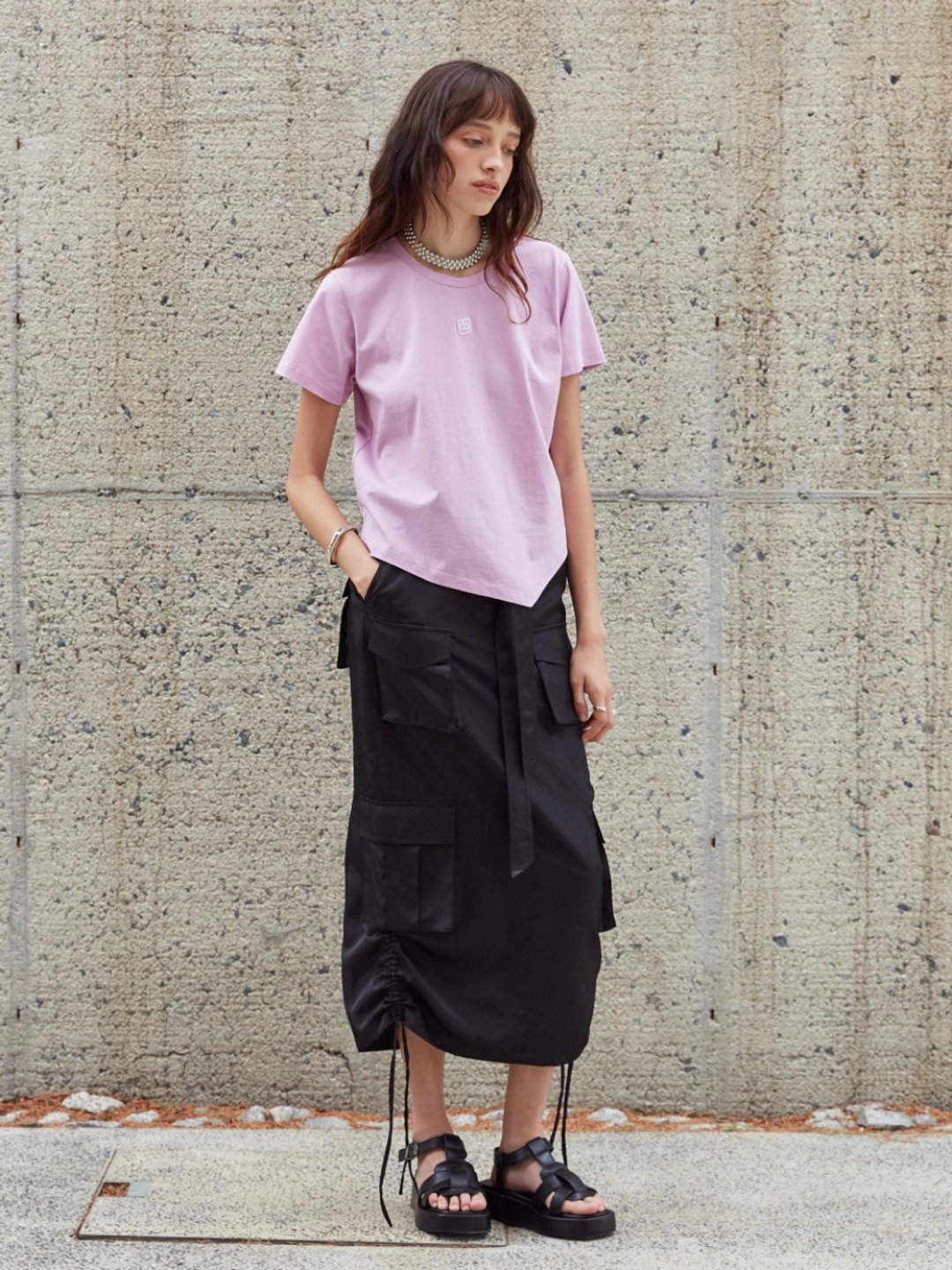뮤제 [6th] LILY Side String Belted Satin Cargo Long Skirt_Black 상품 이미지 1
