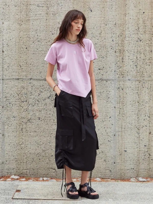 [6th] LILY Side String Belted Satin Cargo Long Skirt_Black