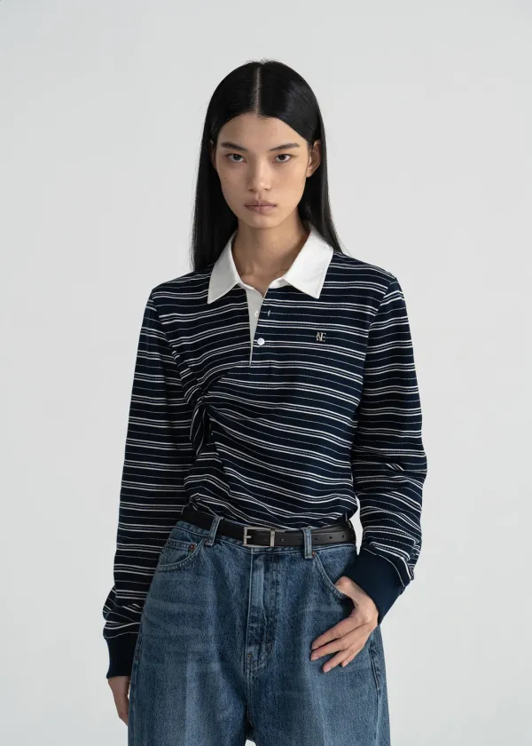 PIQUE STRIPED TWIST POLO SHIRT - DARK NAVY