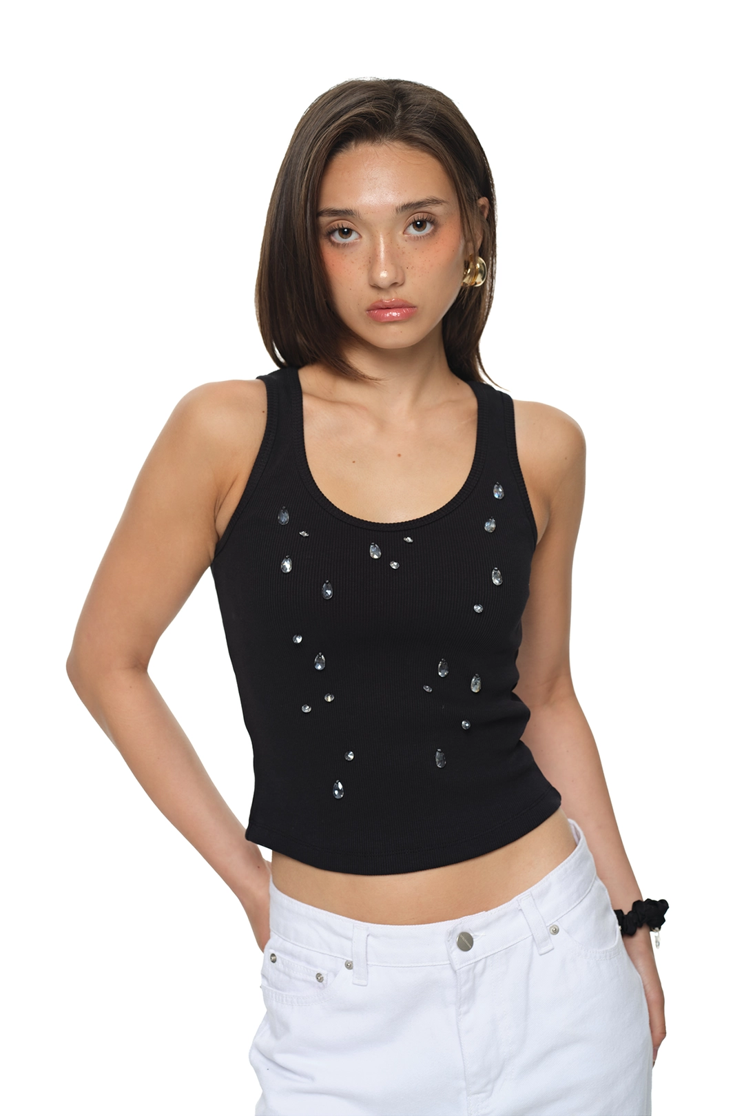 투머치택스 WATER DROP CRYSTAL SLEEVELESS TOP (BLACK) 상품 이미지 1