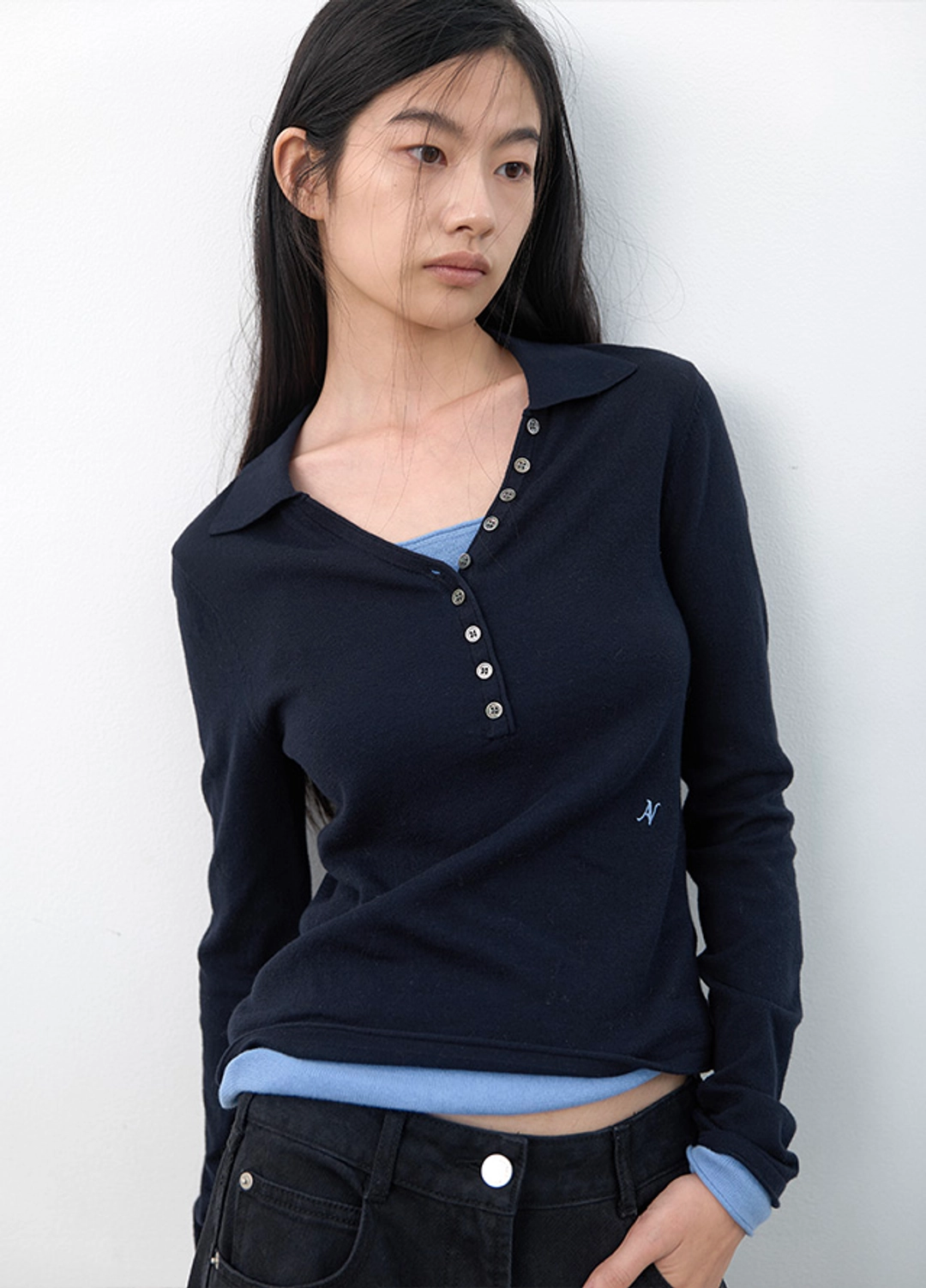 아뜰리에 나인 (T-7295)COLOR-BLOCK COLLAR LAYERED KNIT 상품 이미지 2