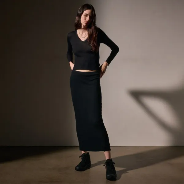Cotton Cashmere Blend Rib Skirt - Black