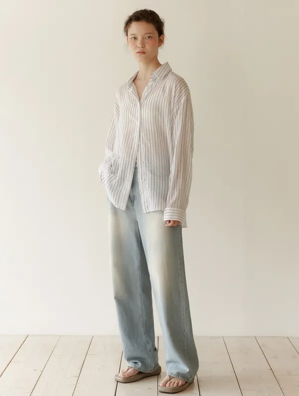 시스루 스트라이프 루즈핏 셔츠 - 아이보리