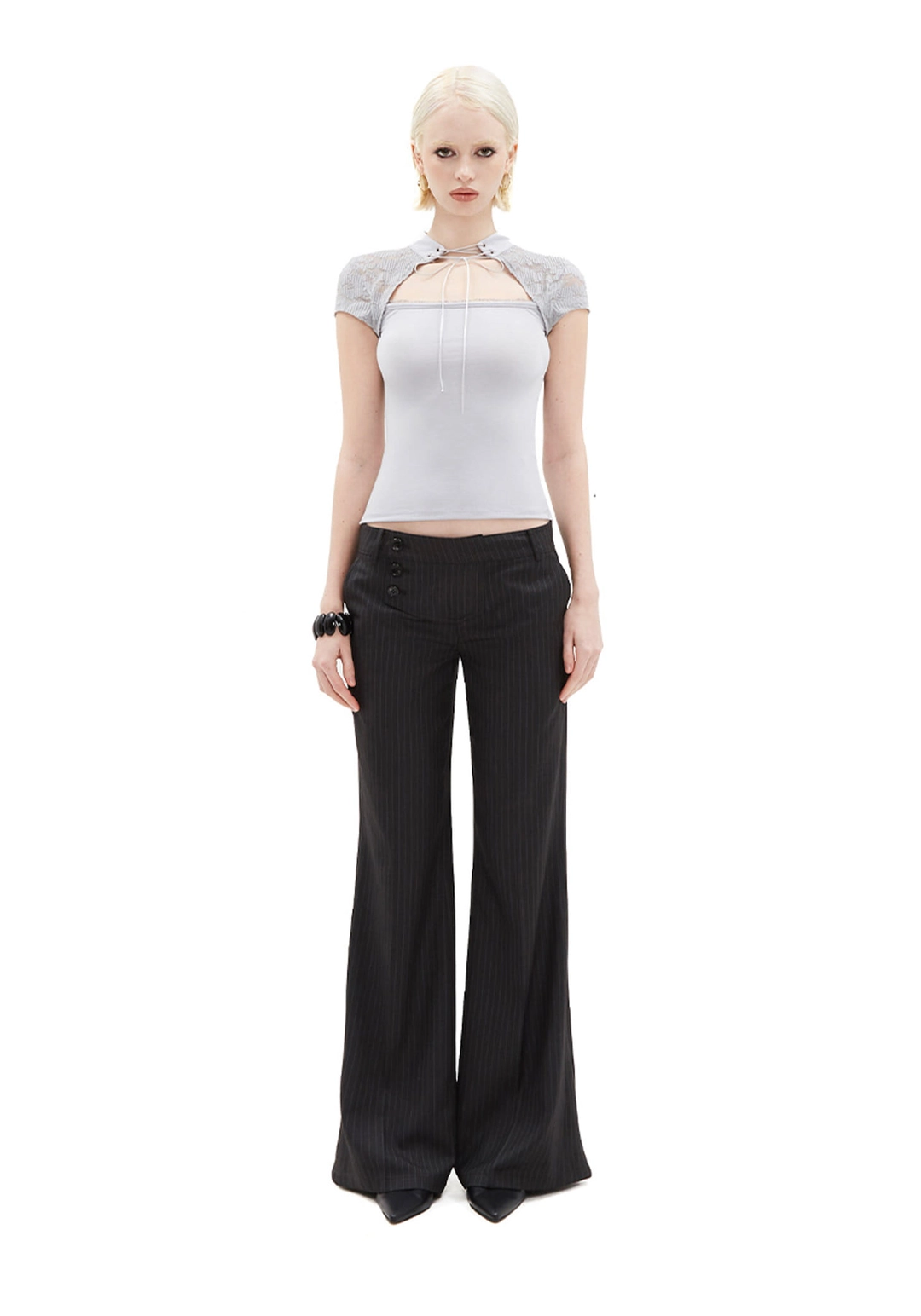 힐다 Tie-Neck Lace Slim Tee [Gray] 상품 이미지 2