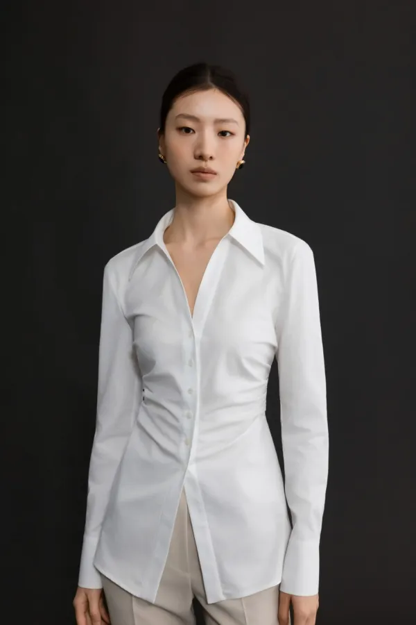 COTTON SLIM OPEN COLLAR BLOUSE - WHITE