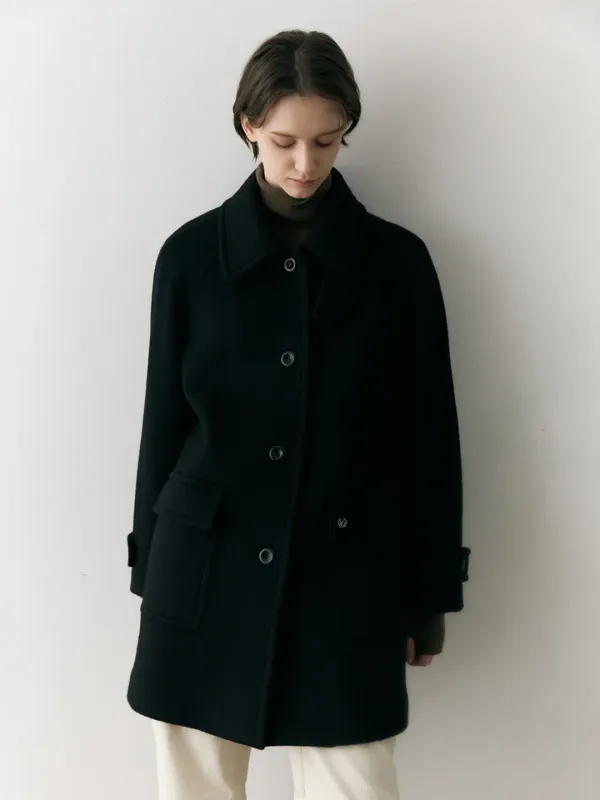 Cashmere Wool Blended Single Half Coat Black