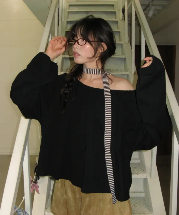 SHIRRING PUFF LONG SLEEVE BLACK