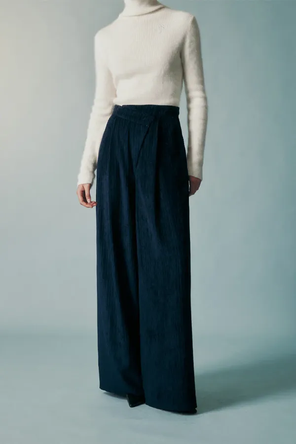 WOOL BLEND CORDUROY WIDE PANTS MIDNIGHT NAVY