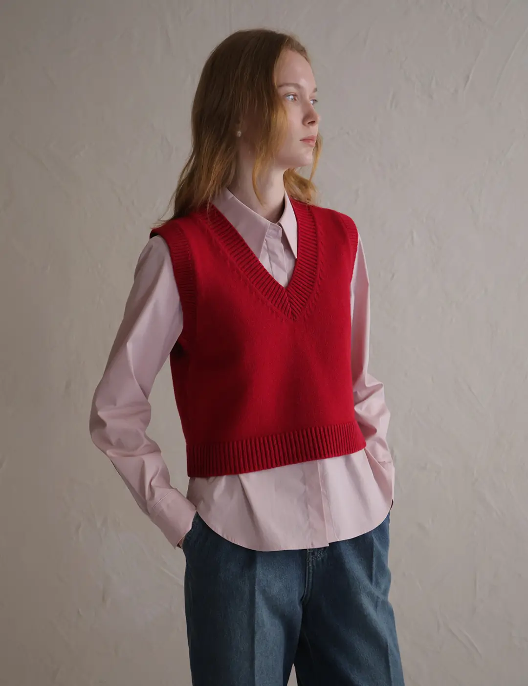 노미나떼 Organic Wool Cotton Vneck Vest (Pinkish Red) 상품 이미지 2