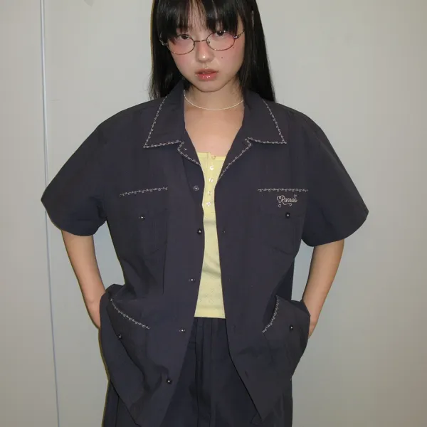 LOVER STITCH POCKET HALF SHIRT NAVY