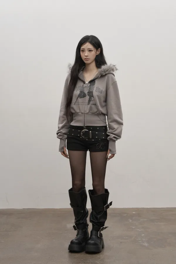 Static Fur Hood Zip-up (khaki gray)