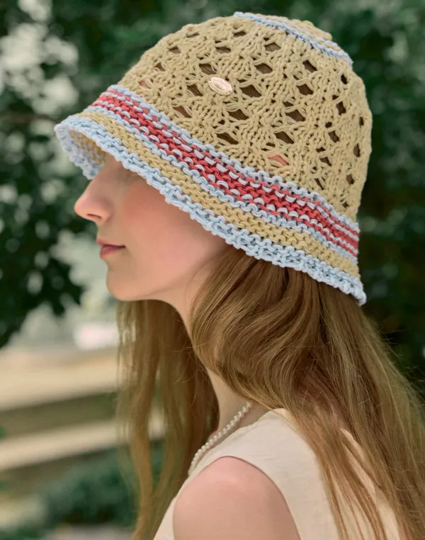 Color Block Knit Bucket Hat - Cream Yellow