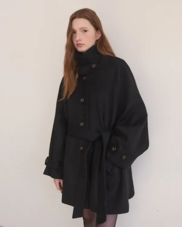 Handmade loose fit balmacaan half coat - black