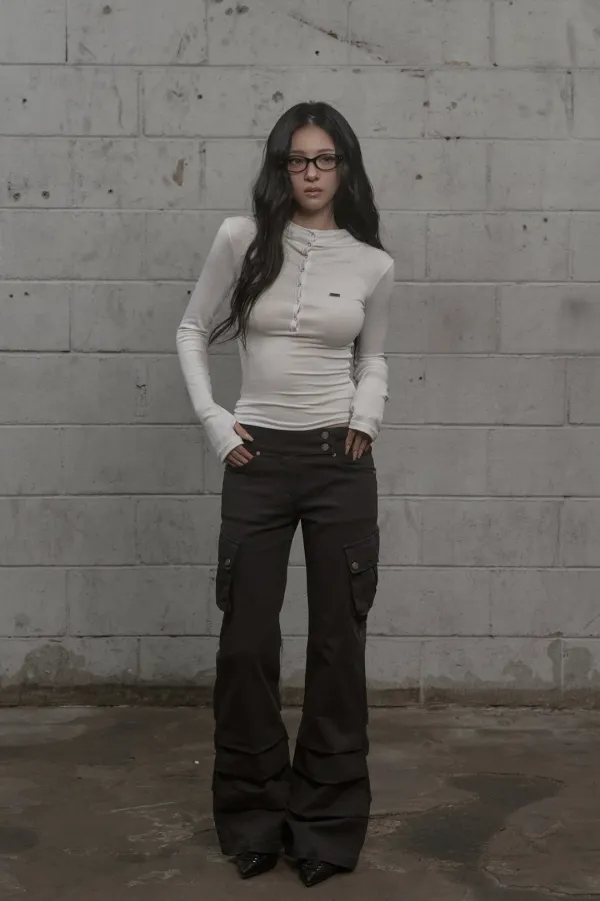 Cargo Shirring Bootcut Pants (charcoal)