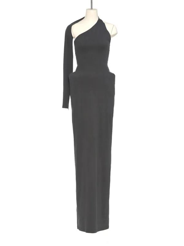 SS25 GREY ASYMMETRIC DARTED SLIM DRESS