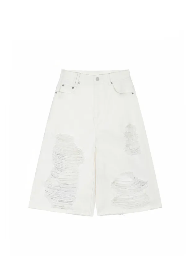 Scratch Damage Denim Shorts [ White ]