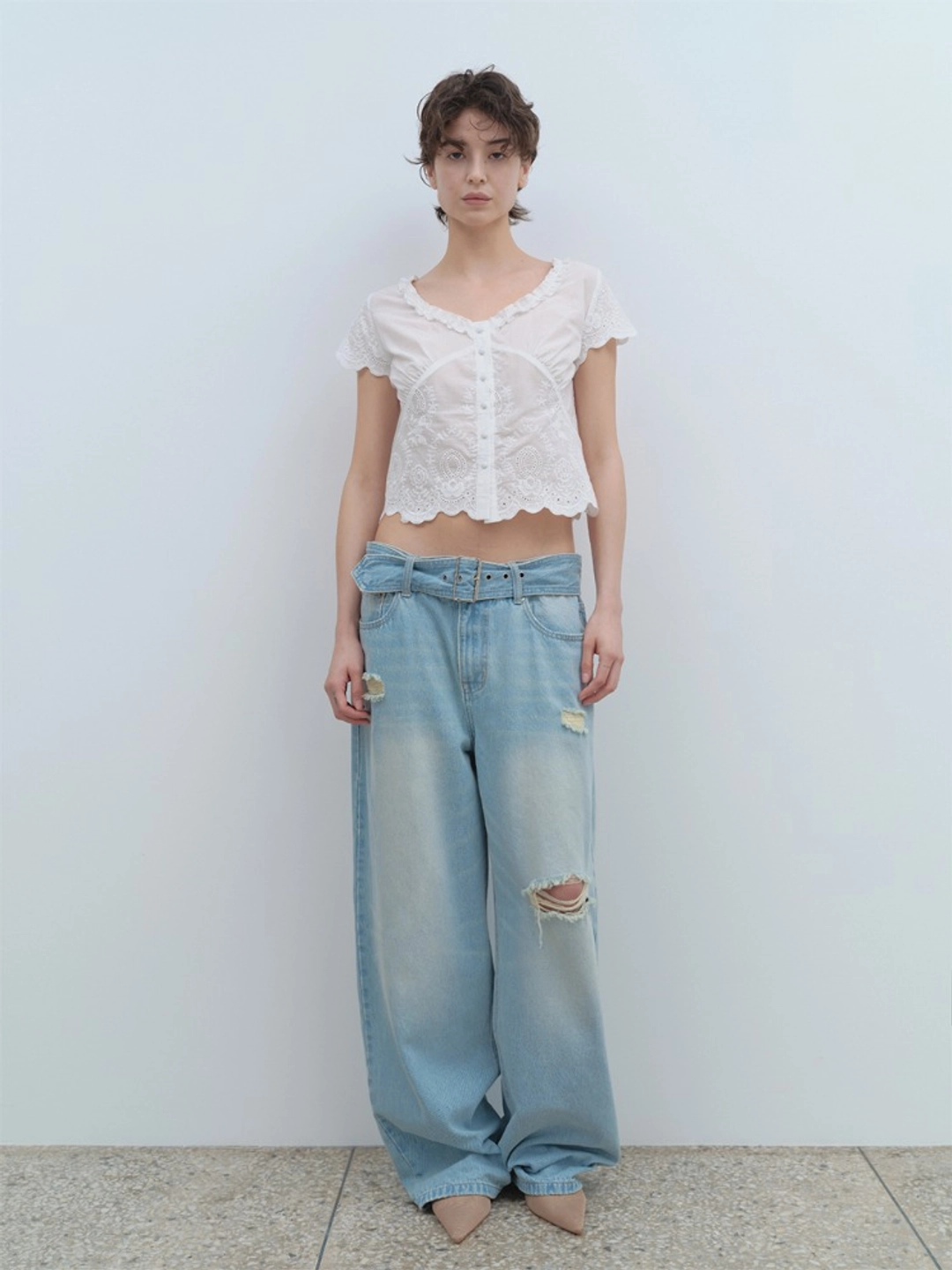 밀로 우먼 Belted Damage Wide Jeans [Washed Blue] 상품 이미지 2