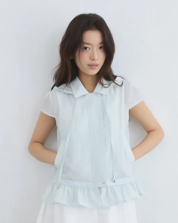 Sheer texture frill hood blouson - ash blue